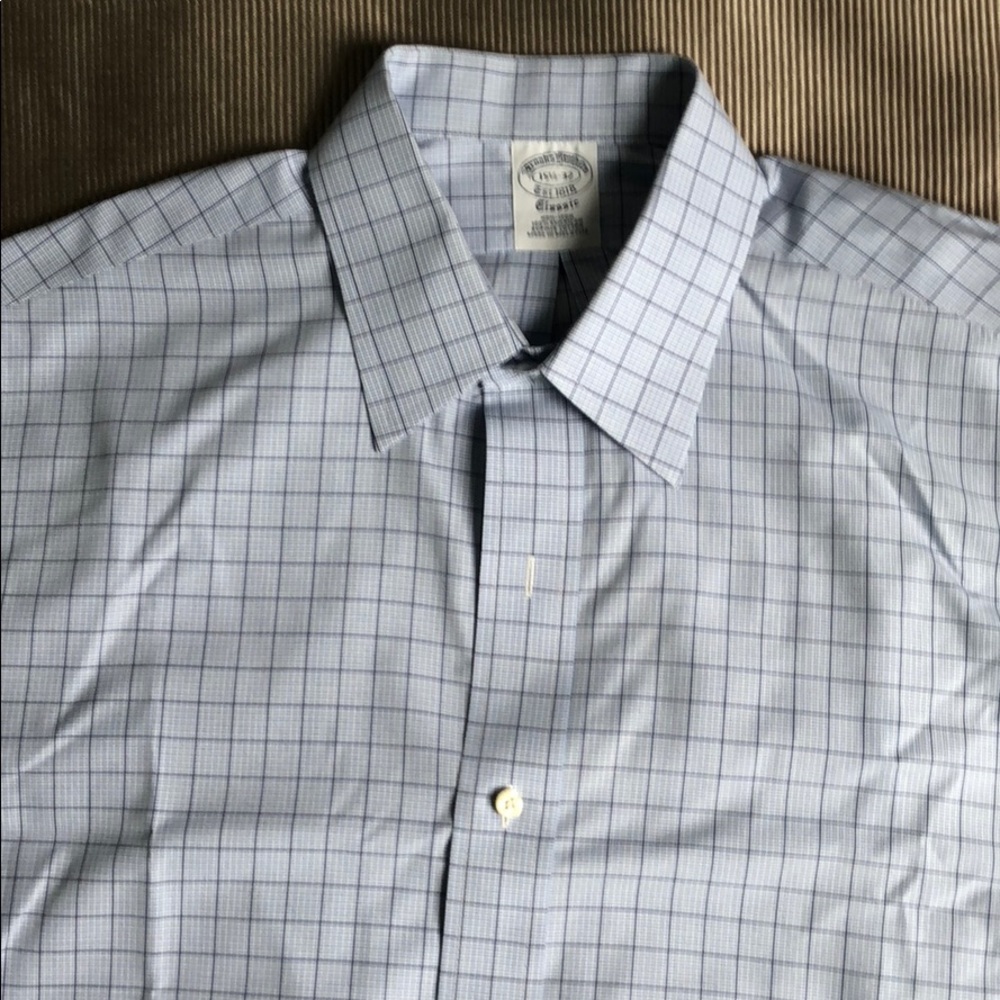 Brooks Brothers non-iron blue plaid shirt.